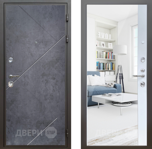 Входная металлическая Дверь Шелтер (SHELTER) Комфорт Бетон урбан индиго 14 с зеркалом Белый матовый в Черноголовке