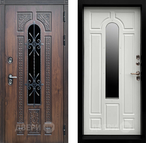 Входная металлическая Дверь Престиж TERMO с терморазрывом Лацио Дуб с окном и ковкой Белый матовый в Черноголовке