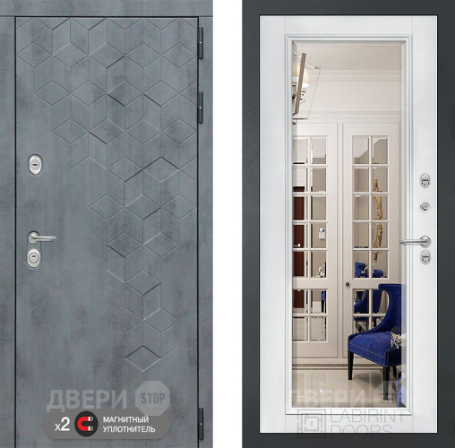 Дверь Лабиринт (LABIRINT) Бетон Зеркало Фацет с багетом Белый софт в Черноголовке