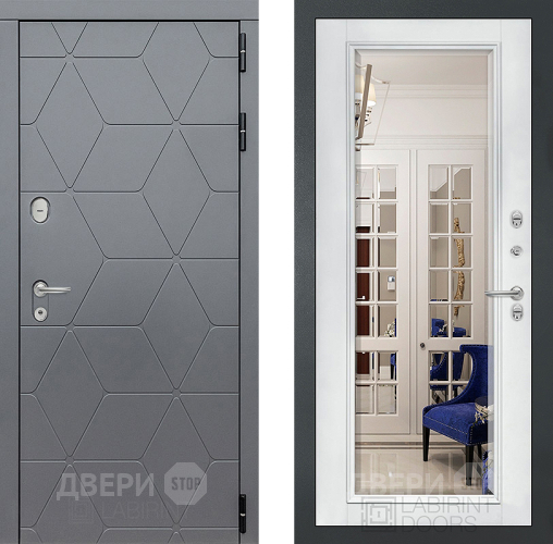 Входная металлическая Дверь Лабиринт (LABIRINT) Cosmo Зеркало Фацет с багетом Белый софт в Черноголовке