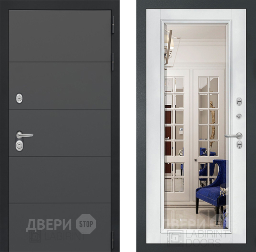 Дверь Лабиринт (LABIRINT) Art Зеркало Фацет с багетом Белый софт в Черноголовке