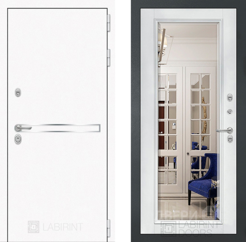 Входная металлическая Дверь Лабиринт (LABIRINT) Лайн White Зеркало Фацет с багетом Белый софт в Черноголовке