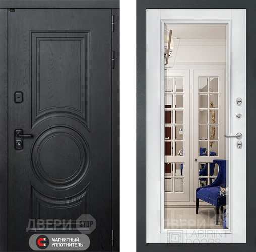 Входная металлическая Дверь Лабиринт (LABIRINT) Гранд Зеркало Фацет с багетом Белый софт в Черноголовке