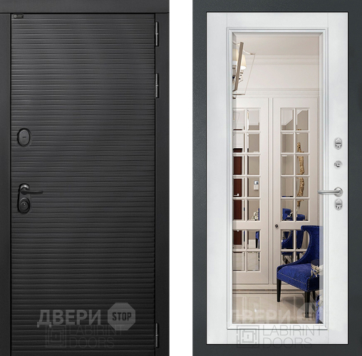 Входная металлическая Дверь Лабиринт (LABIRINT) Вулкано Зеркало Фацет с багетом Белый софт в Черноголовке