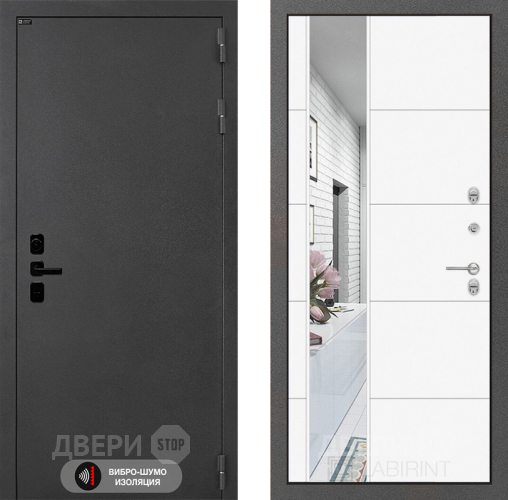 Входная металлическая Дверь Лабиринт (LABIRINT) Acustic Зеркало 19 Белый софт в Черноголовке