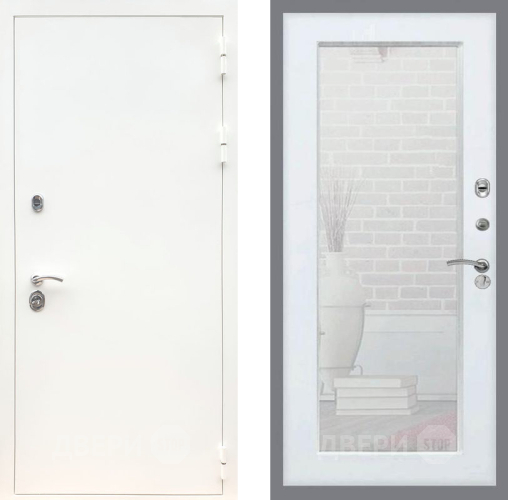 Входная металлическая Дверь Рекс (REX) 5 Белая Шагрень Зеркало Пастораль Белый ясень в Черноголовке